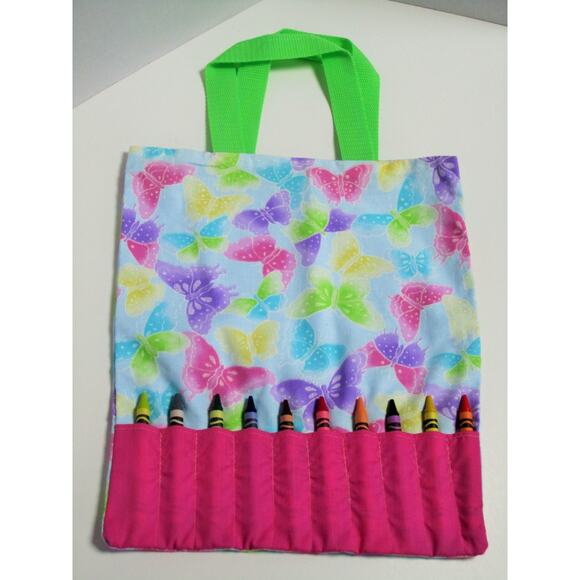 Blue butterfly crayon bag - holds 10 crayons, crayon tote, travel art bag - Picture 1 of 5